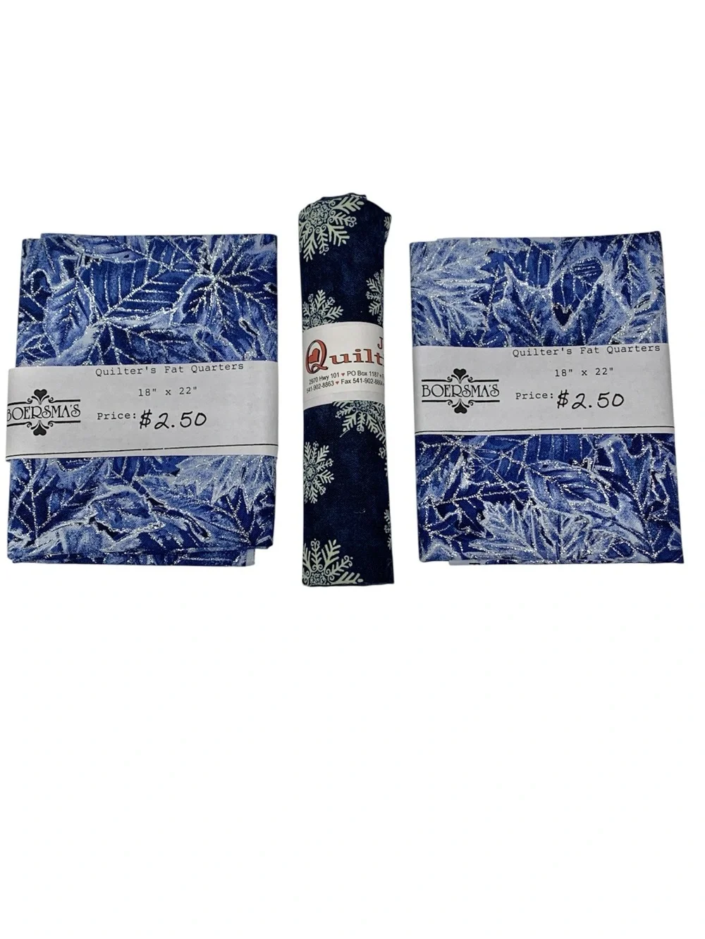 Snowflake & Winter Leaves Cotton Fabric Fat Quarter Bundle 3pk Blue White Silver